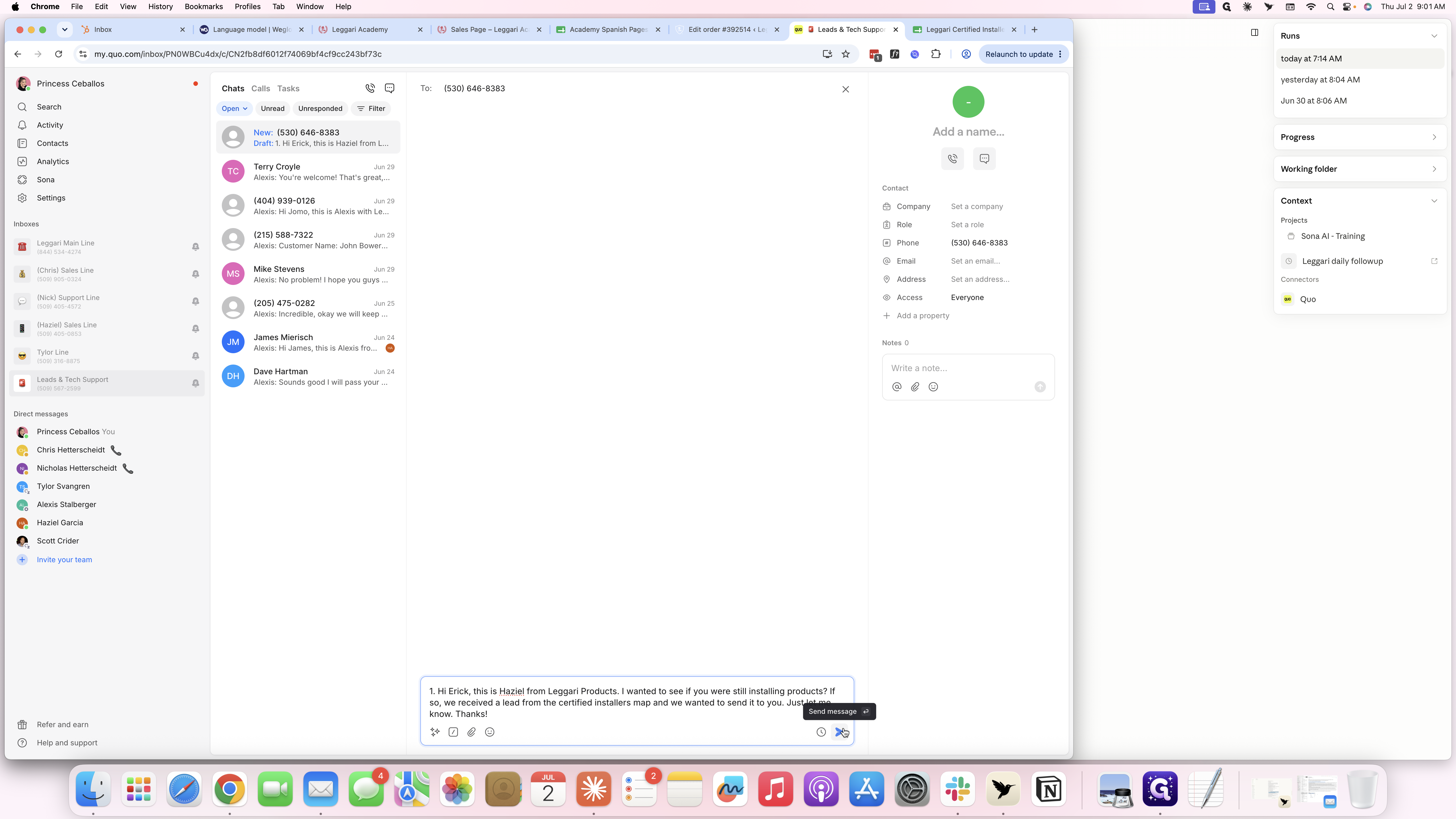 Step #19: Click the Send message button to dispatch the text to the installer.
