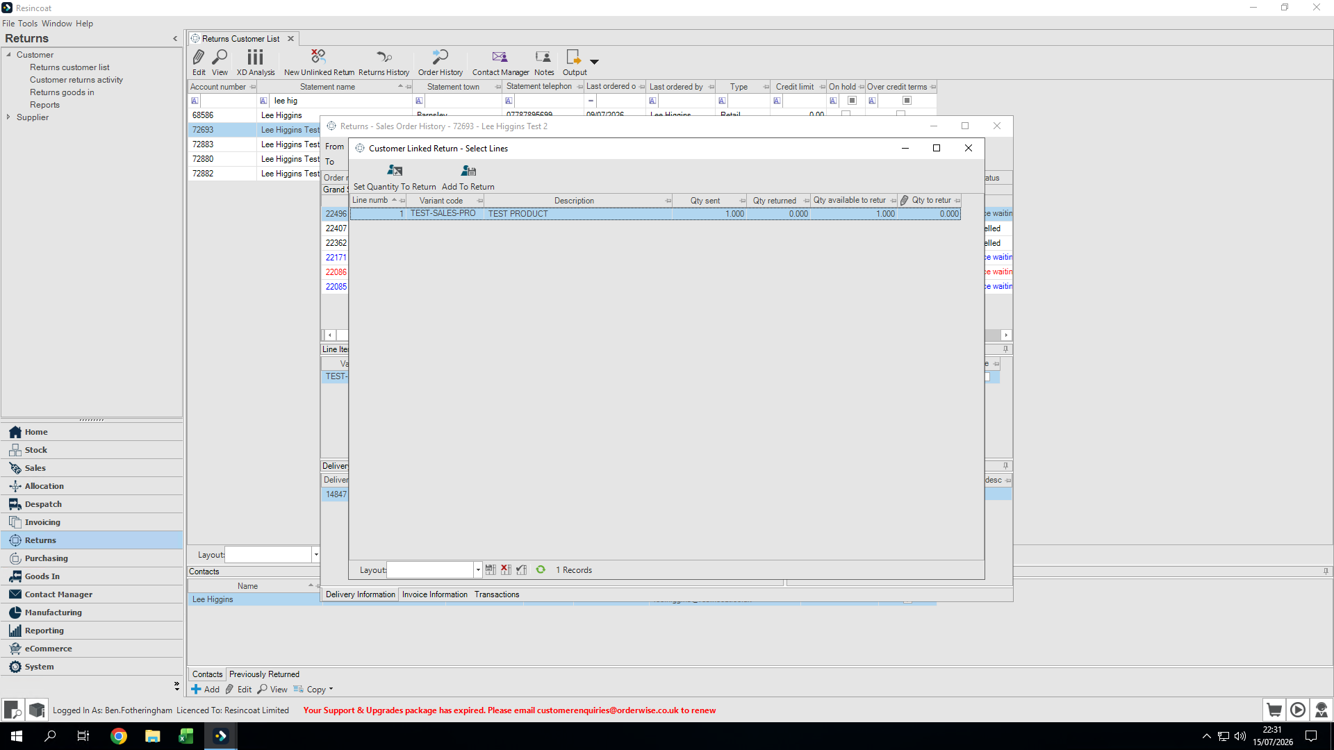 Step #6: Click the quantity box next to the product the customer wishes to return.