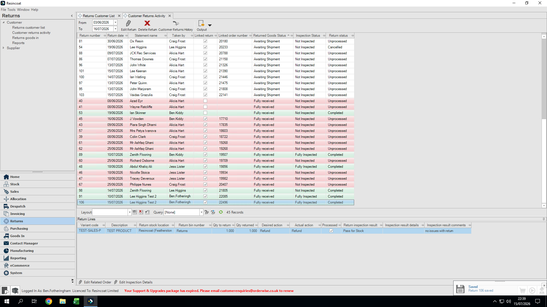 Step #23: Check the Customer returns activity list for yellow orders, and double-click the inspected return.