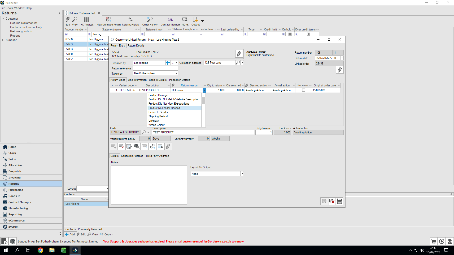 Step #10: Select the appropriate reason, such as Product No Longer Needed.