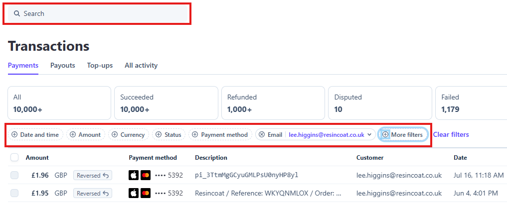 Step #30: Search for the customer you wish to refund, this can either be done in the search bar at the top of the screen, or via the filters above the transactions (E.G by amount, date, customer email)