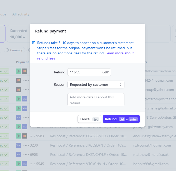 Step #32: Select the refund reason and ensure the amount is correct that you have authorised to refund, then select the refund button in the bottom right to process the refund to the customer.