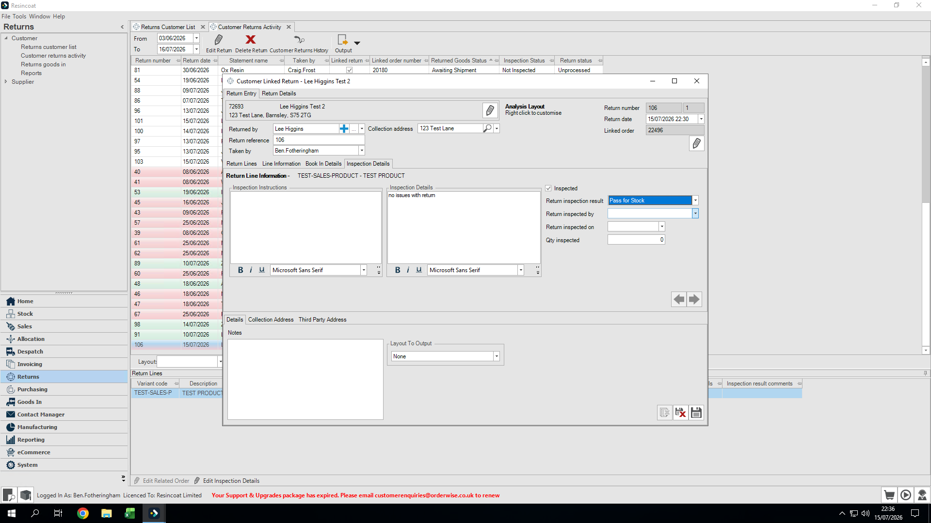 Step #22: Confirm the inspected quantity, repeat the inspection process for any other items on the return, and click Save.