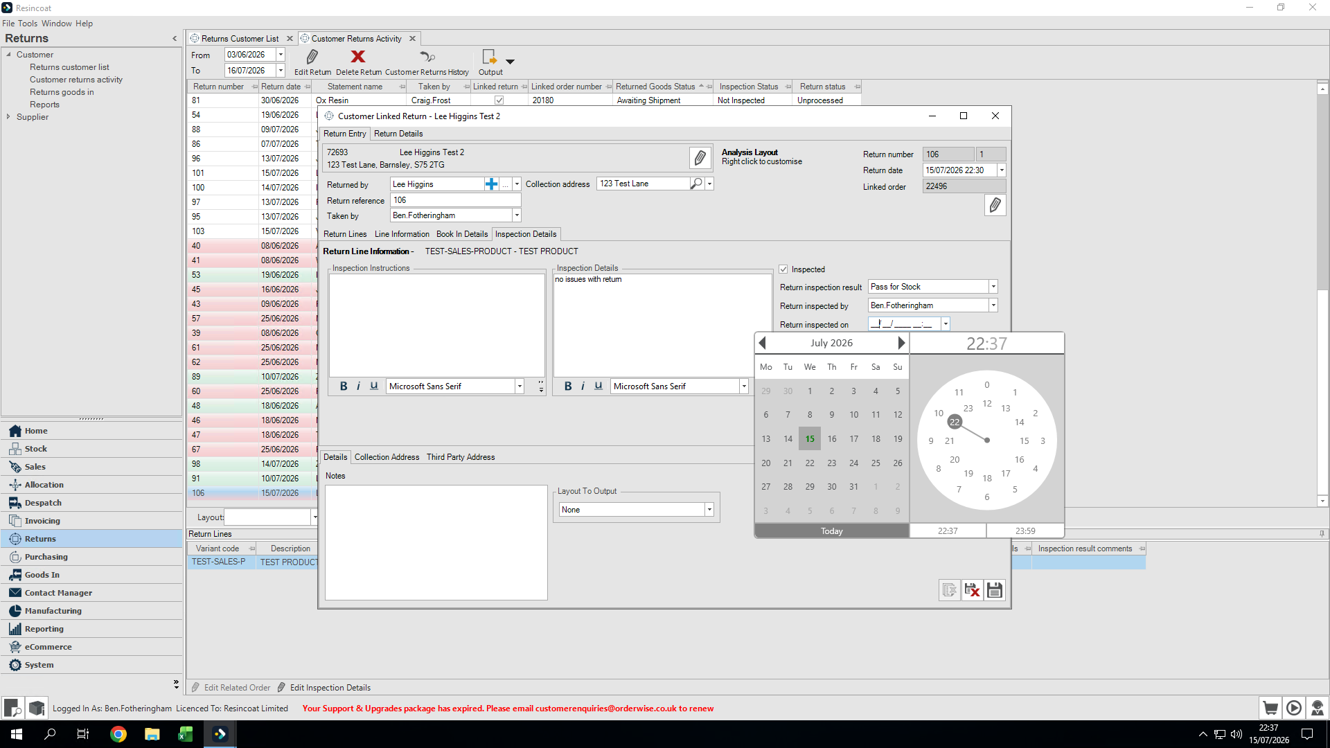 Step #21: Set the current date and time in the Return inspected on fields.