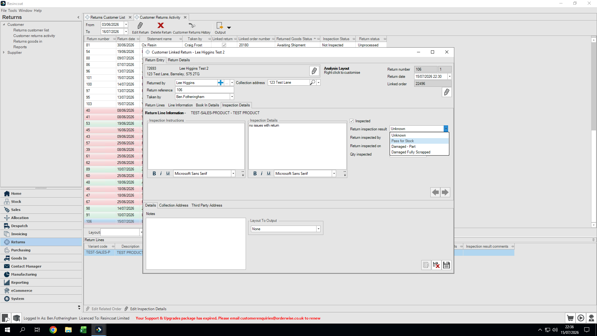 Step #19: Select the Return inspection result from the dropdown menu.
