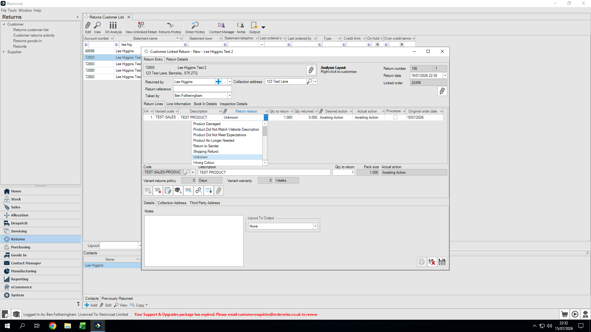 Step #9: Click the Return reason dropdown for the item.