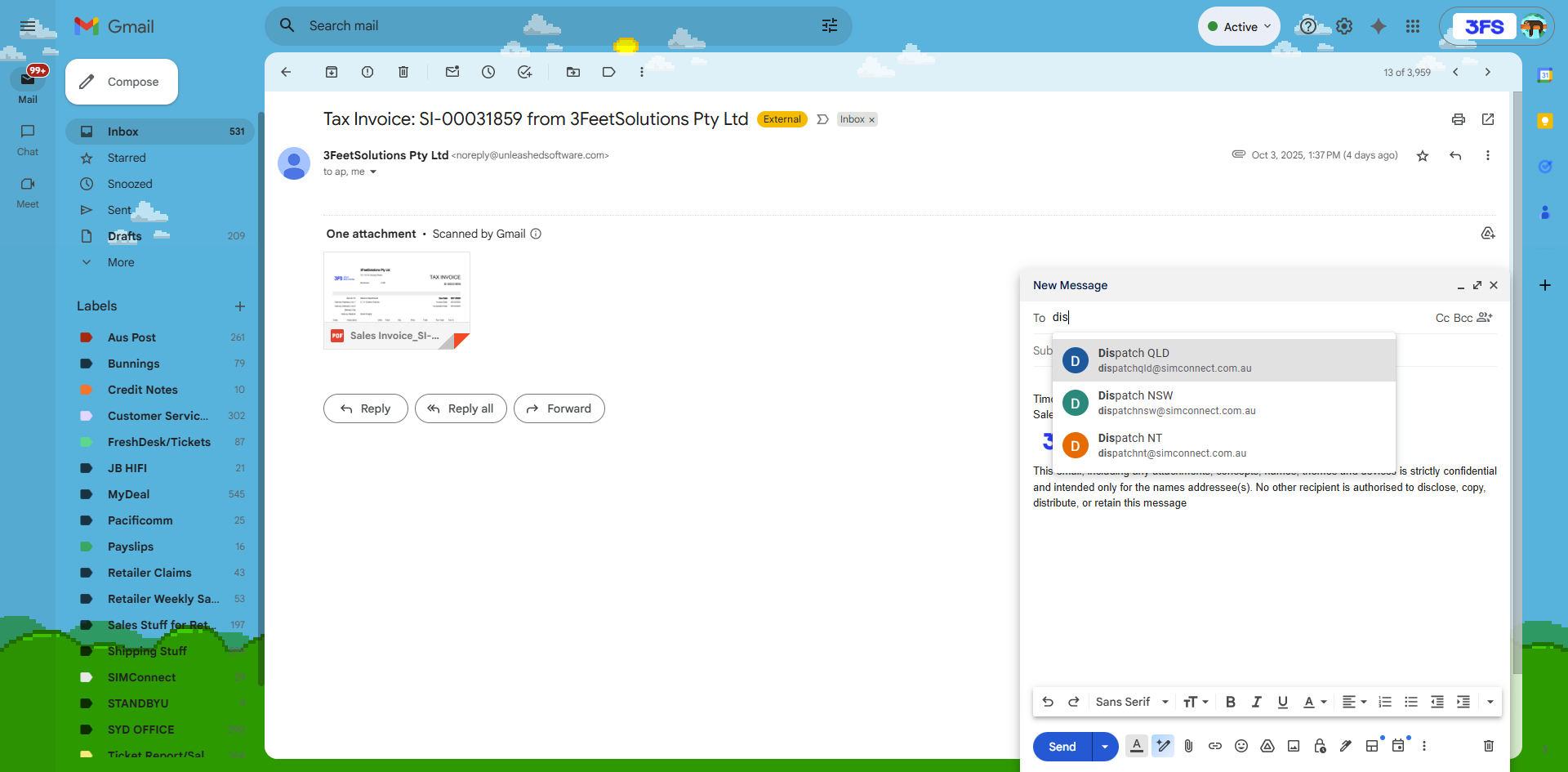 Step #10: Click on "dispatchqld@simconnect.com.au" as this particular order is going to 'returns department' which is for the QLD dispatch team.