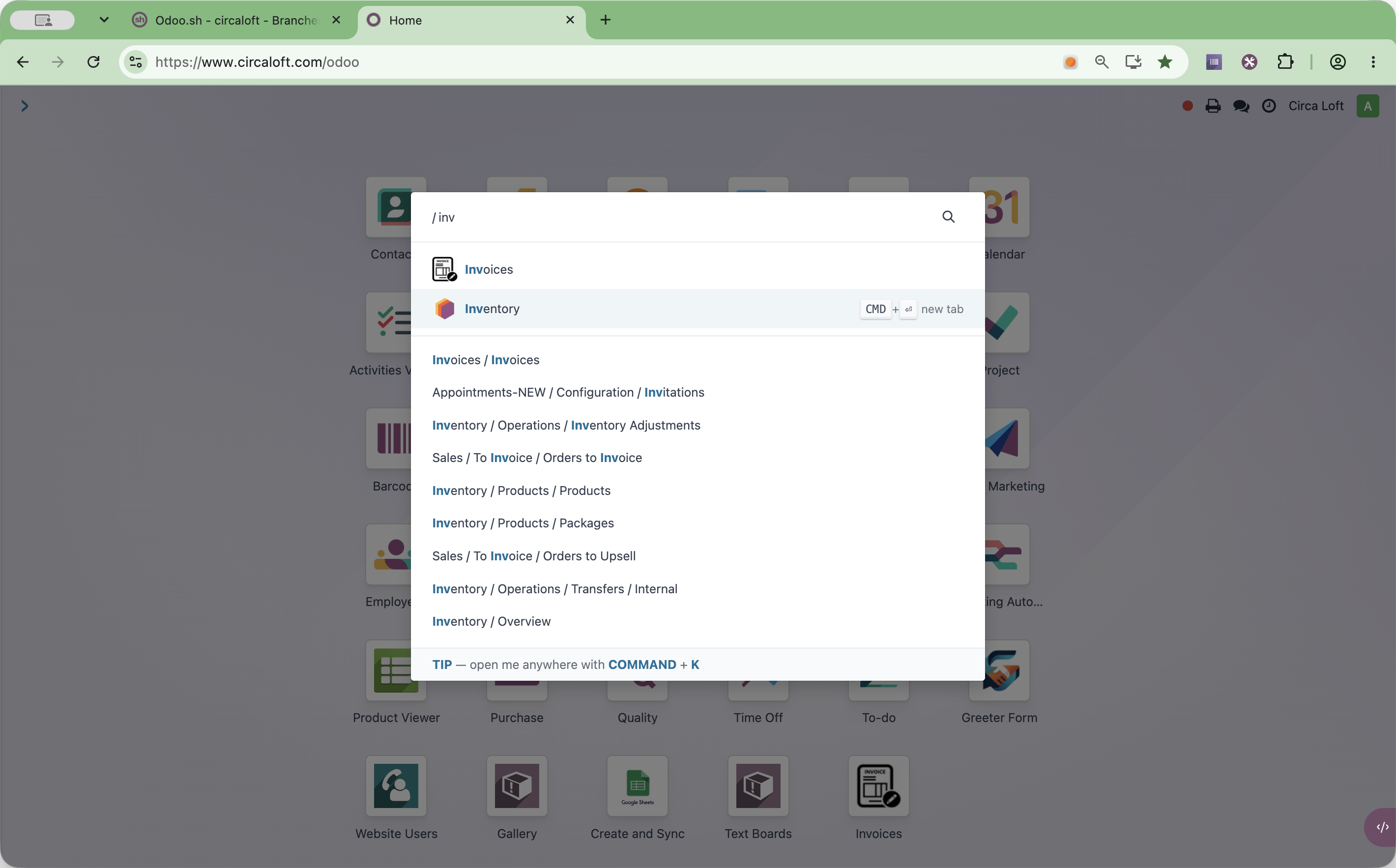 Step #2: Type the app name (such as Inventory) and click the search result item to open it.