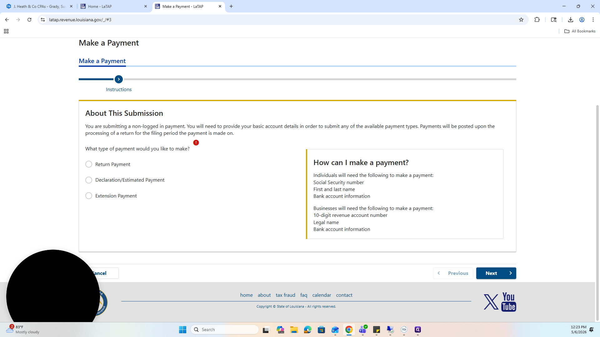 Step #7: Select Declaration / Estimated Payment as the payment type.