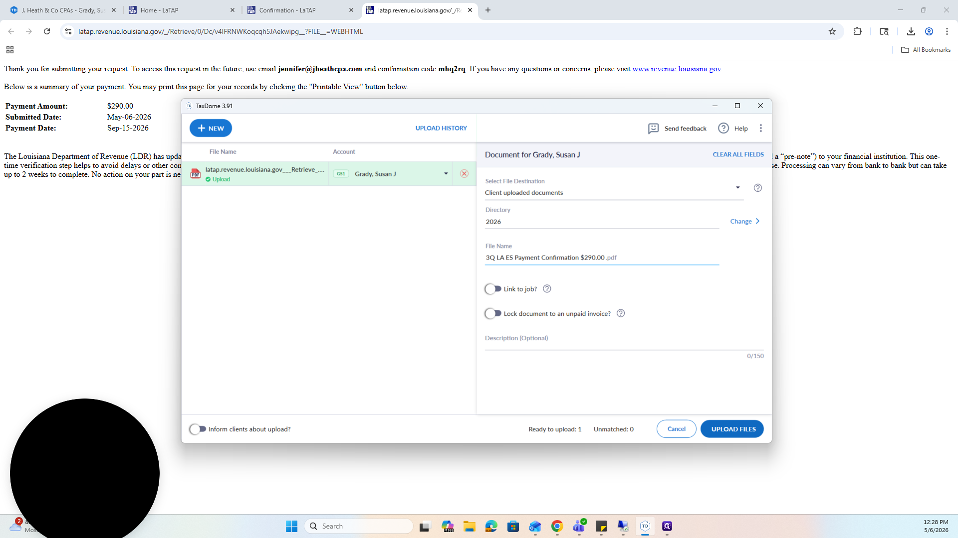 Step #73: Click UPLOAD FILES to save the document to the client's file.