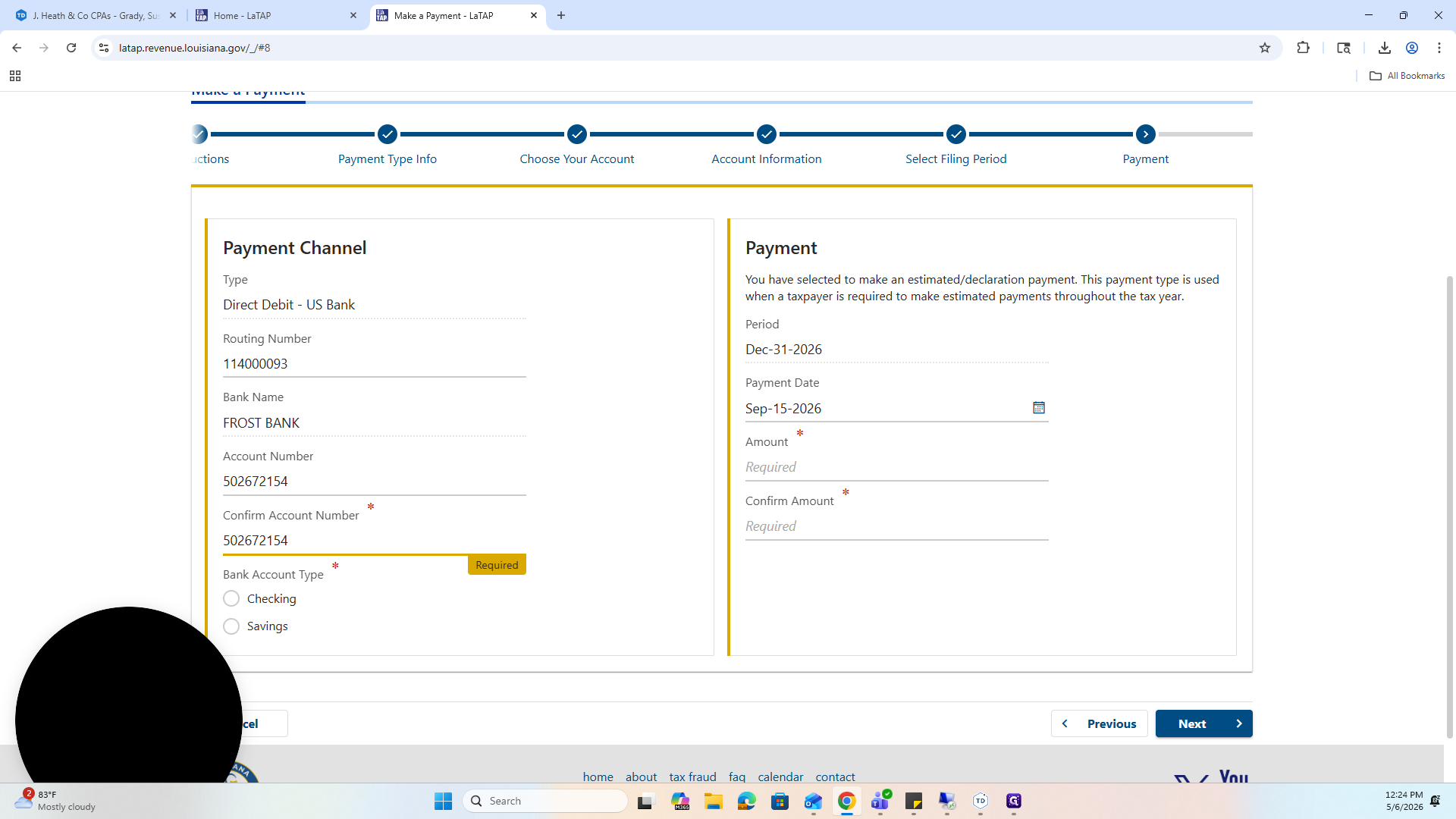 Step #33: Select the Bank Account Type, which is typically checking.