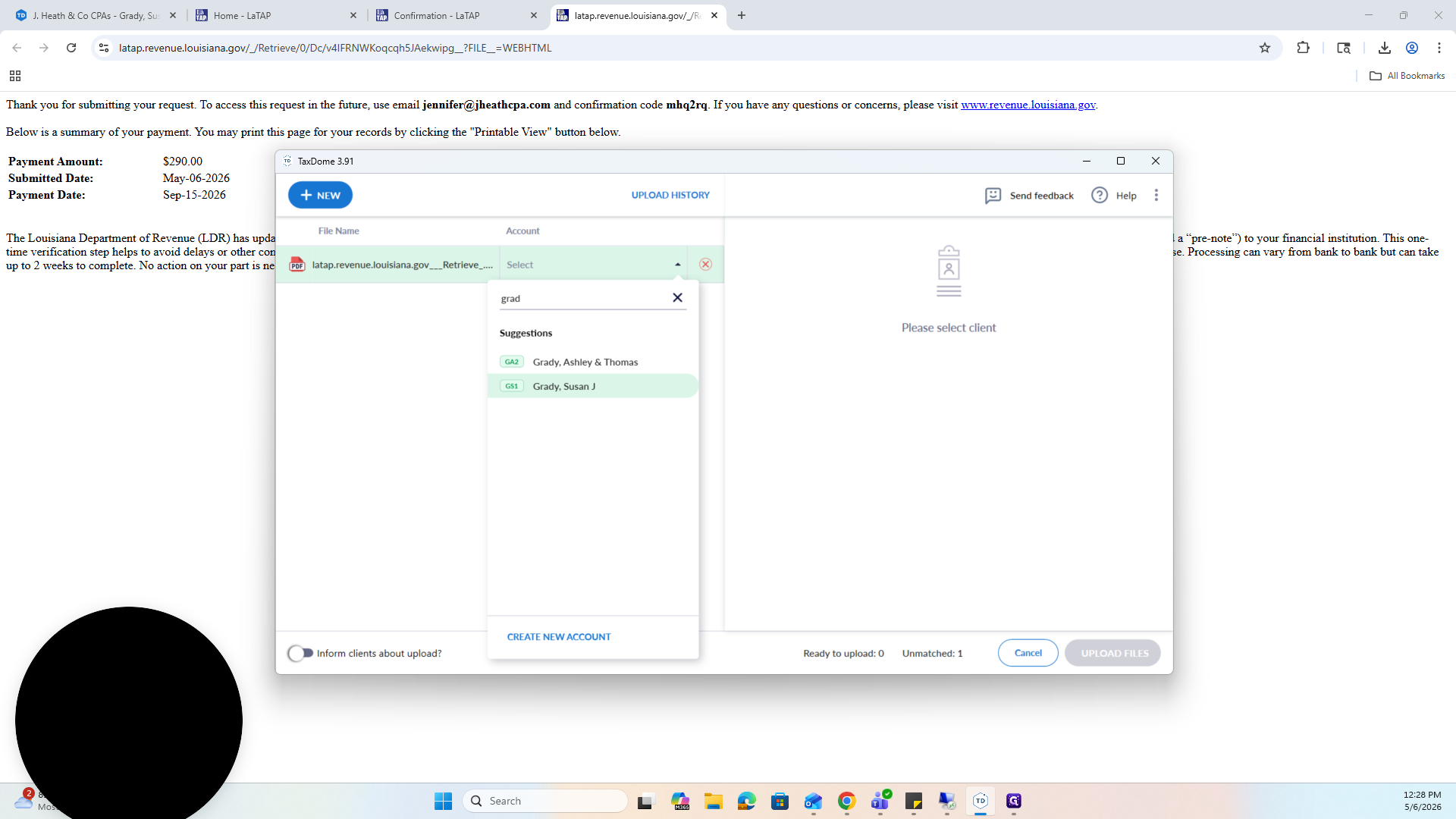 Step #64: In the TaxDome upload menu, select the corresponding client account.