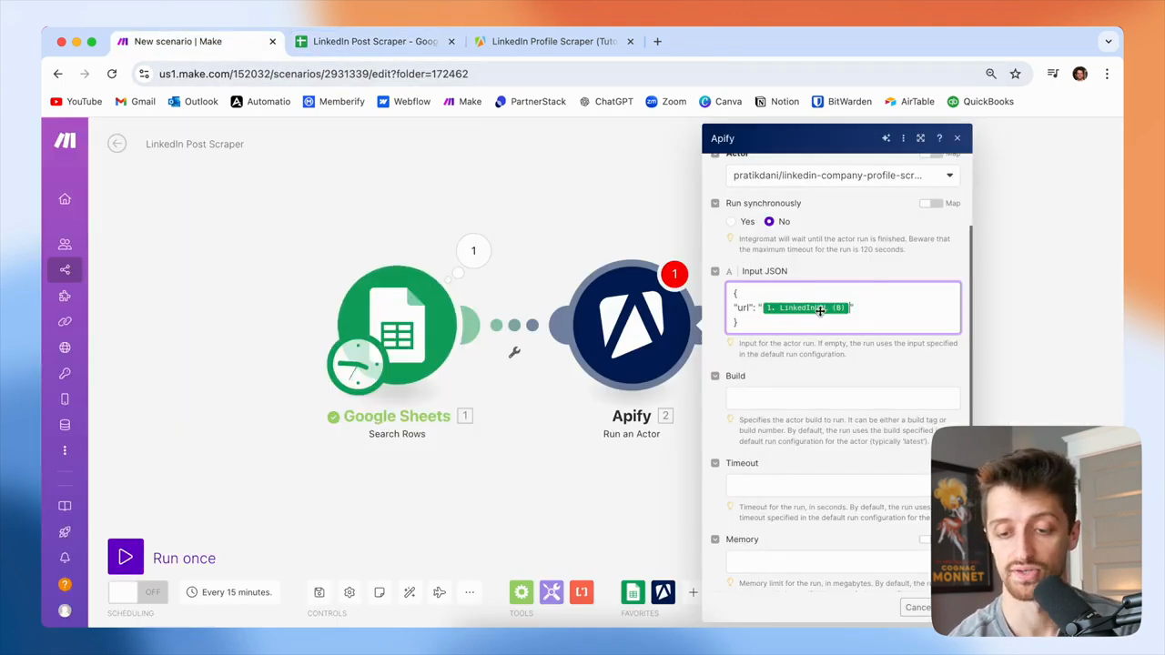 Step #44: Map the LinkedInURL from the Google Sheets module into the url field in the Input JSON.