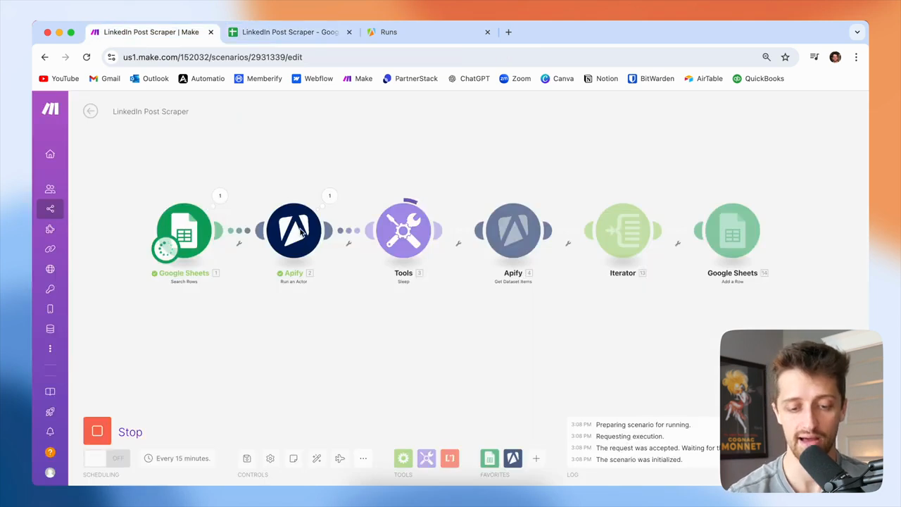 Step #90: An Apify 'Run an Actor' module is used to scrape the latest posts from the provided URL.