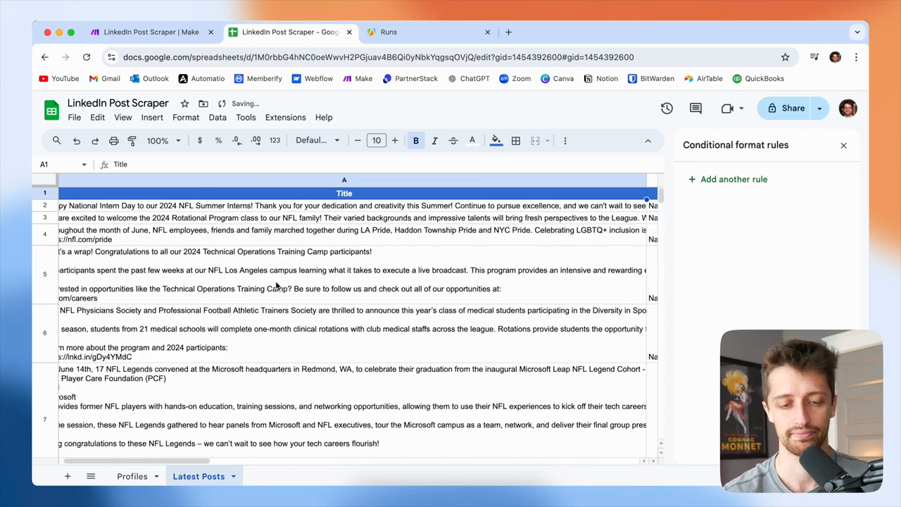 Step #113: Scroll down the 'Latest Posts' sheet to view all the scraped data.