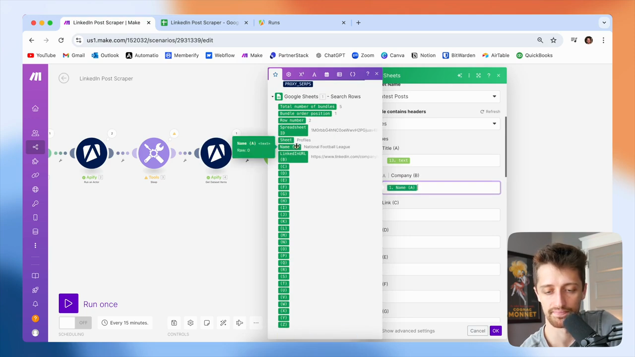 Step #83: Map the 'Name (A)' field from the Google Sheet into the 'Company (B)' field.