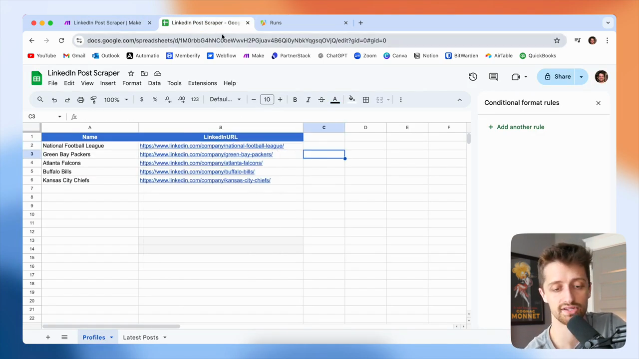 Step #100: The scenario runs again, feeding the next profile URL from the sheet.
