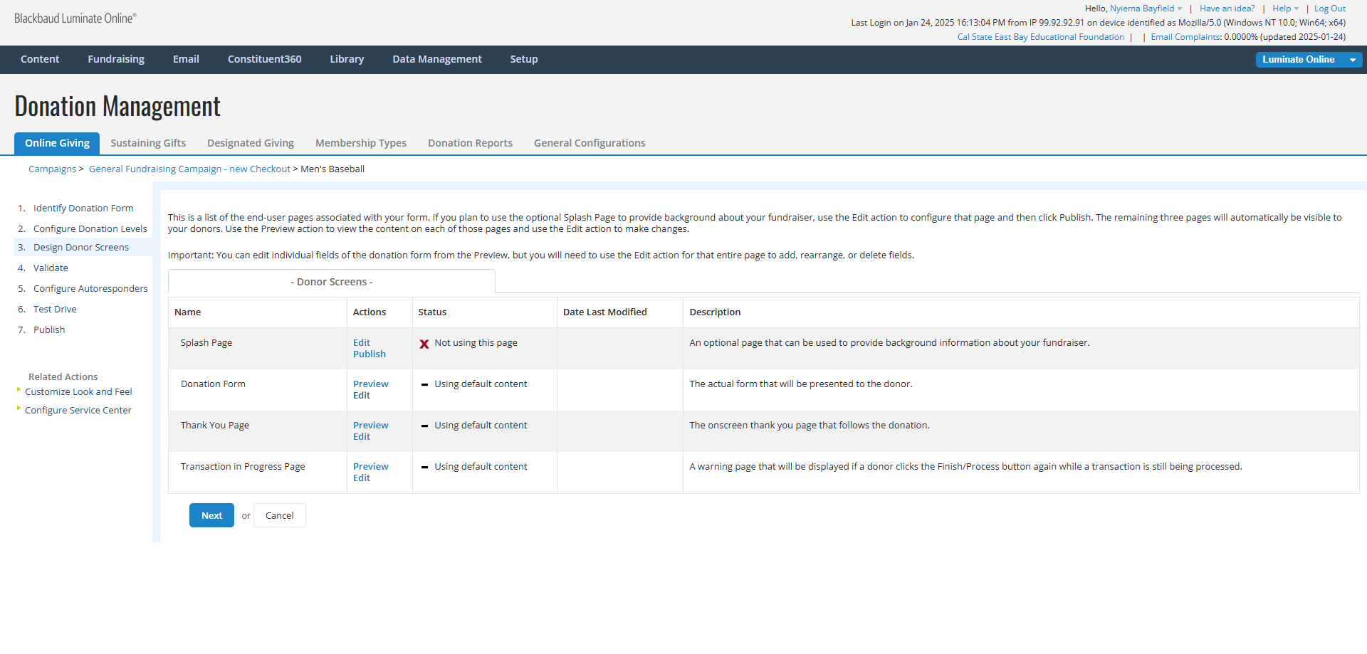 Step #12: Click on "Edit" next to Donation Form.