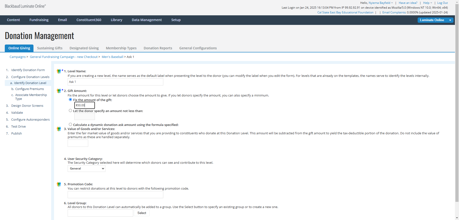 Step #7: Click on the box below Fix the amount of the gift: and replace the existing amount with the new value.