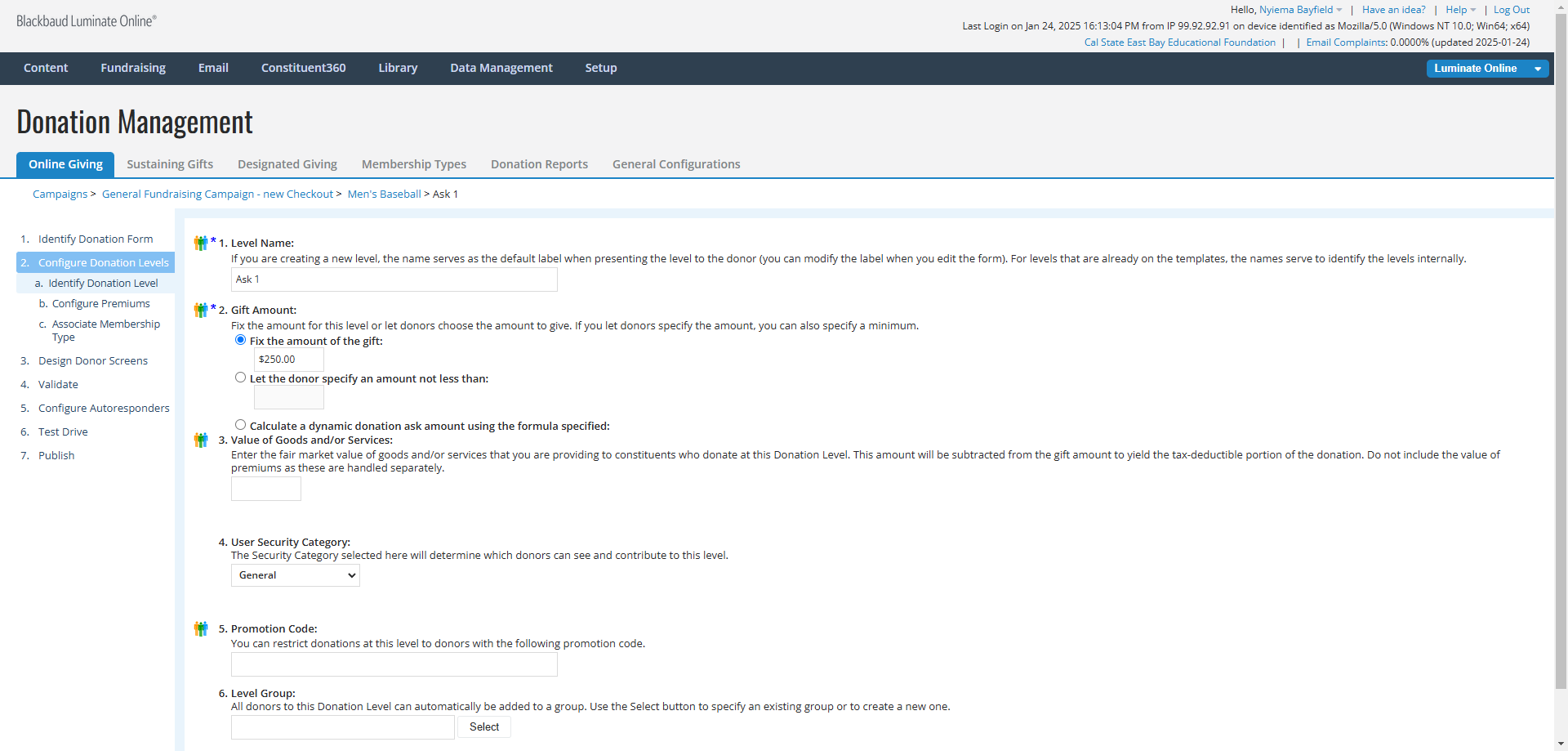 Step #9: Click on 2. Configure Donation Levels to return to the list of all Donation Levels.