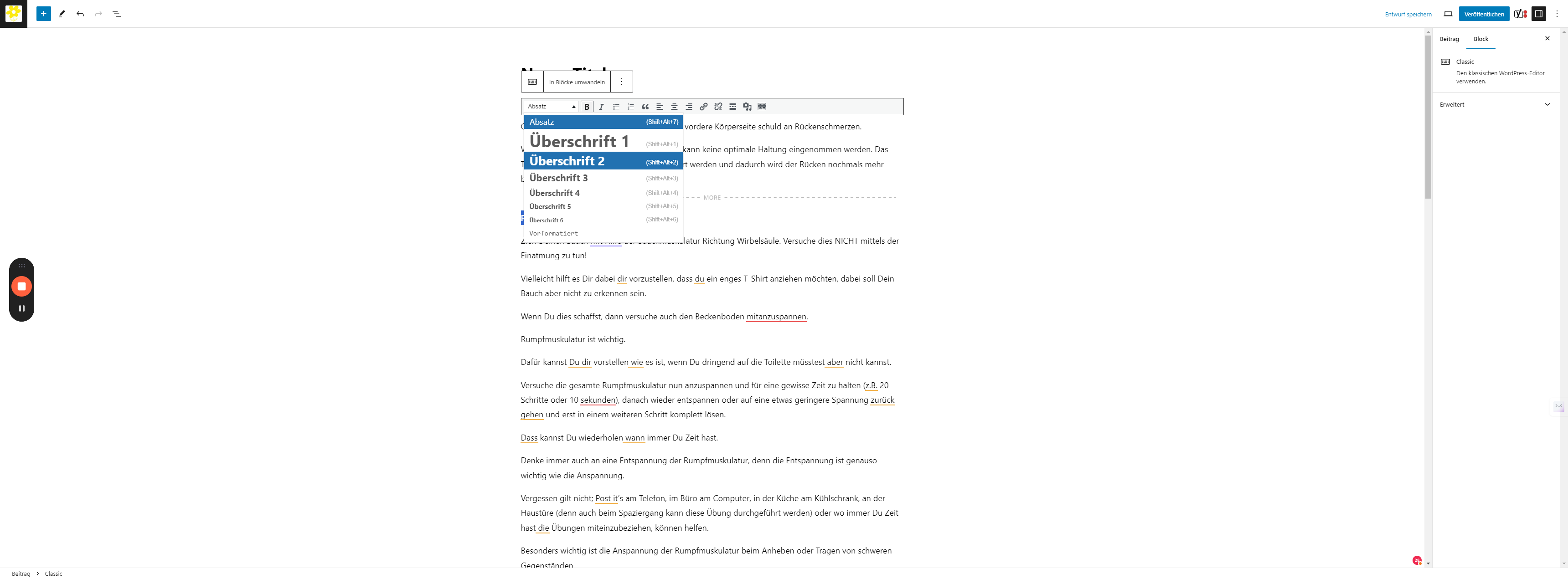 Step #7: Überschriften können als Format über das Dropdown Feld ausgewählt werden.