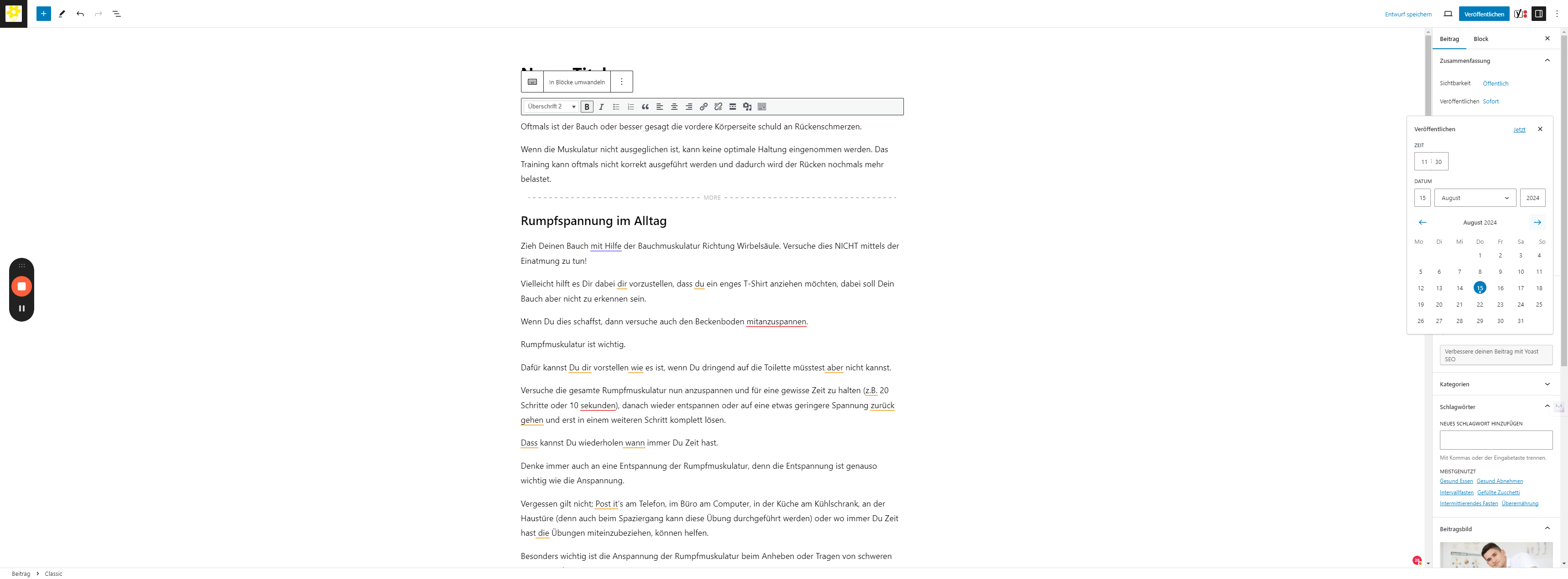 Step #18: Wenn Beitrag geplant werden soll: Datum und Uhrzeit einstellen.