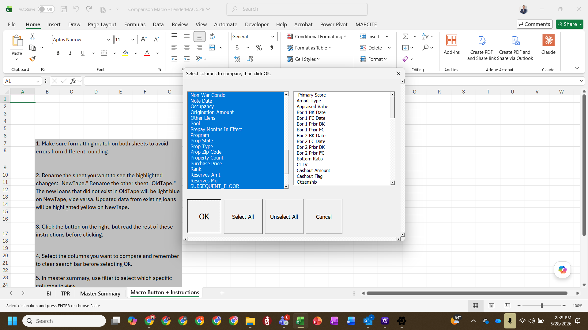 Step #16: Select the columns you want to compare and click OK. You can choose "Select All" to compare the entire dataset.