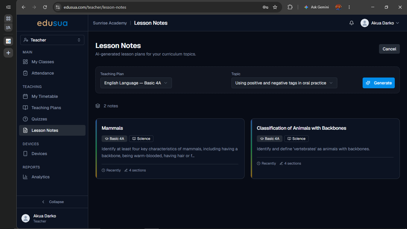 Step #6: Click Generate to create the lesson note.