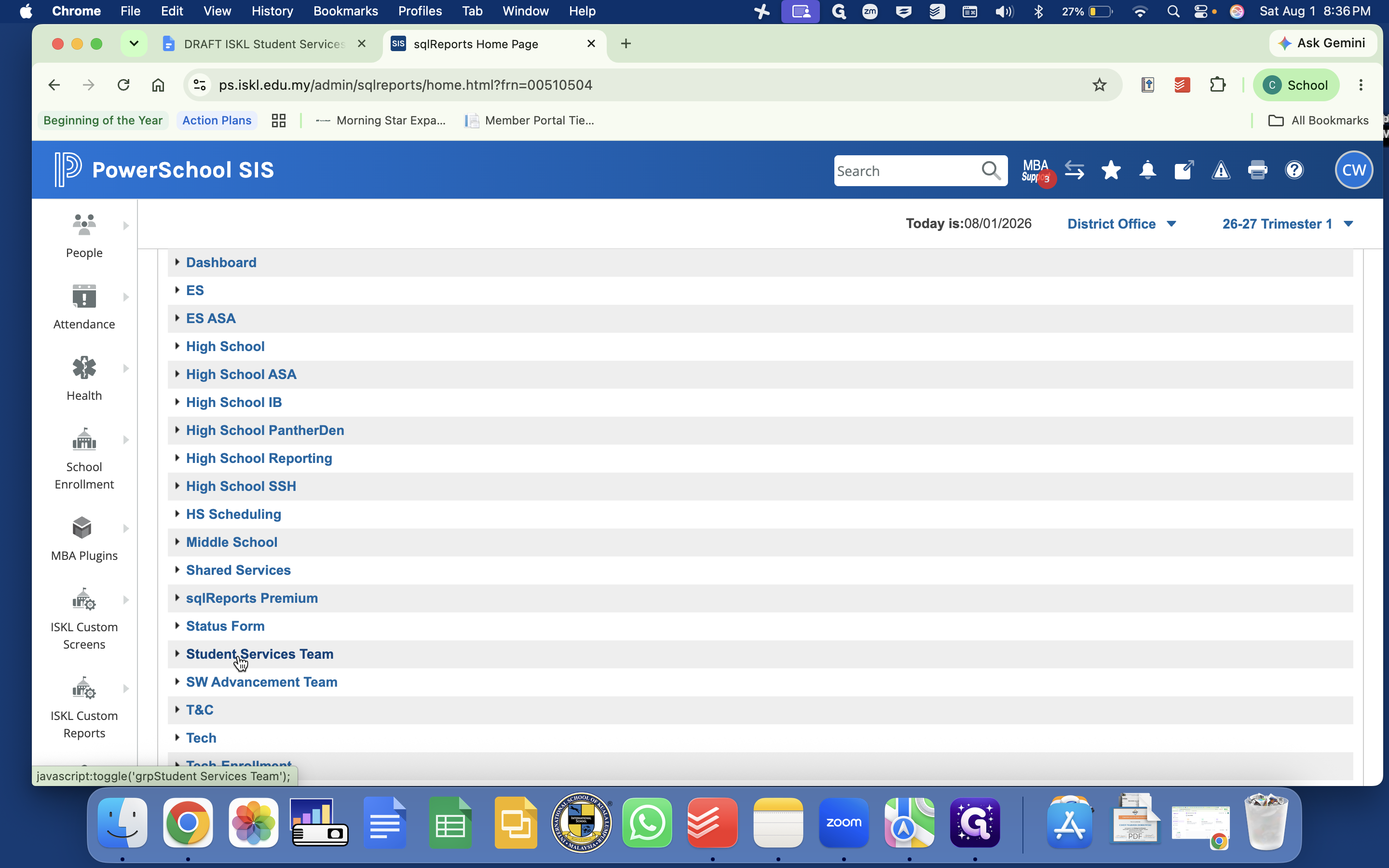 Step #3: Click Student Services Team to open a menu of available caseload management reports.
