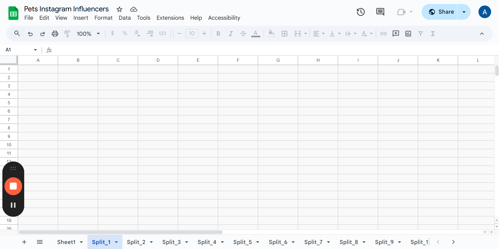 Step #8: Each sheet is splitted into multiple sheets, to make the leads inserting easier. 20 rows each in Hypeauditor leads and 40 rows each in the feedspot leads.each time we will export one sheet.After we do this, we can hide this sheet to let us know we already inserted this leads (or whatever thing that works for you).