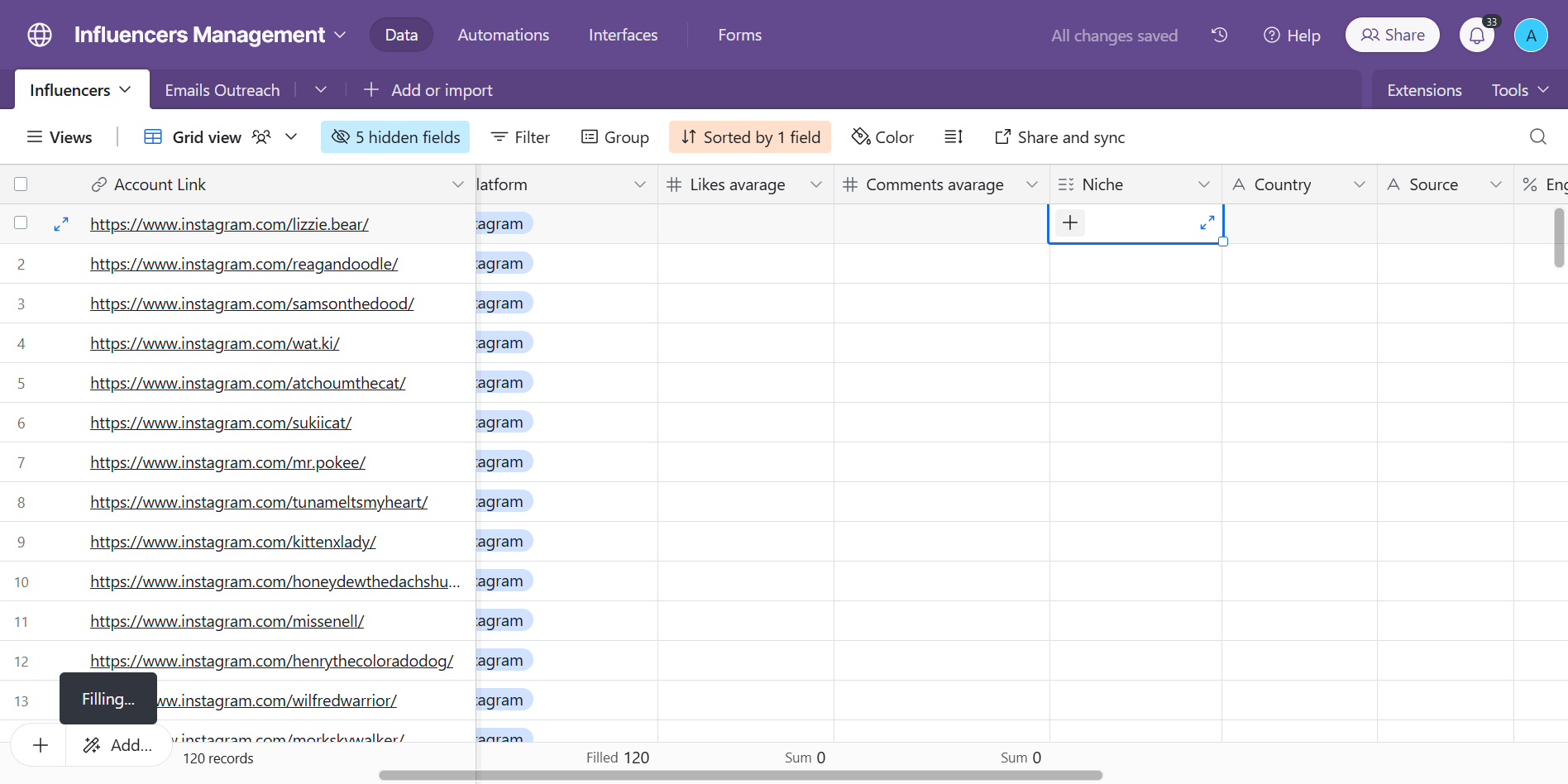 Step #19: Niche, for example, we can do also as a batch update.In hypeauditor, this is easier, as we have the exact niche.Here, this is worth to click on each link to fully understand what kind of niche that is, with more work than just leaving the broader niche of general animal lovers.