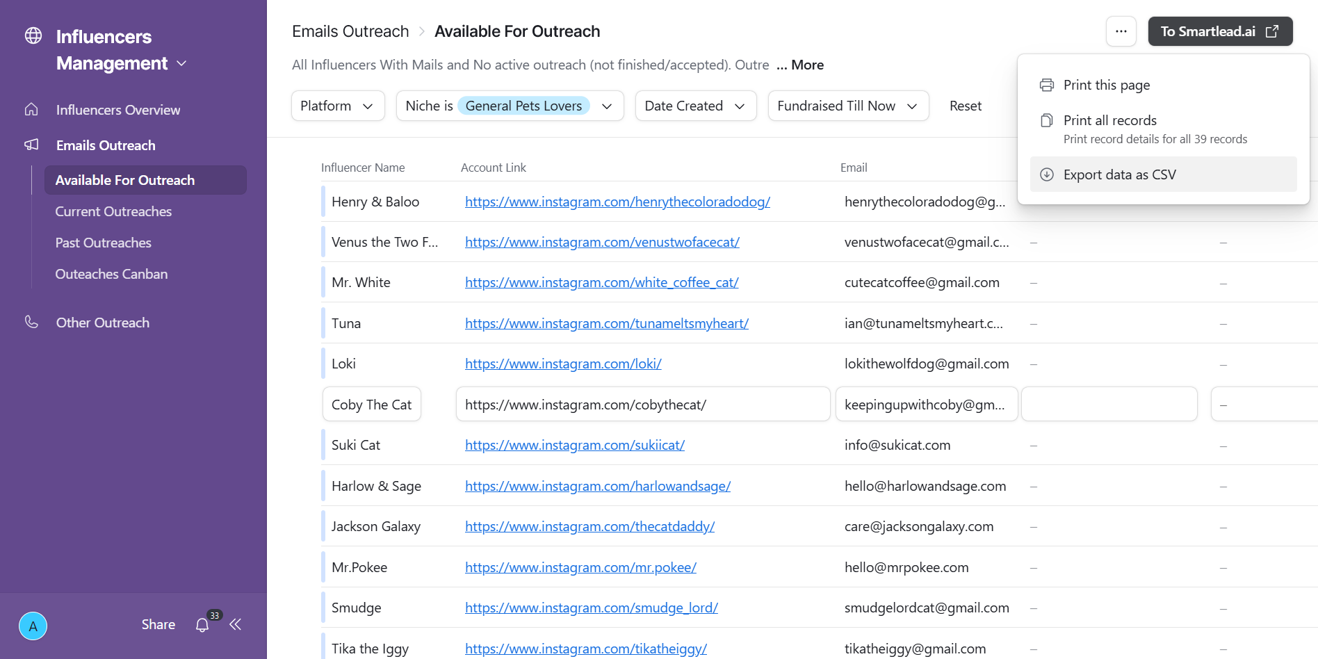 Step #26: Export the filtered data, and click the 'To smartlead.ai' Button. That's it!Just launch your beautiful customized and personalized campaign.Any updates on any of the leads will be shown in the airtable app, automated by updated from smartlead.