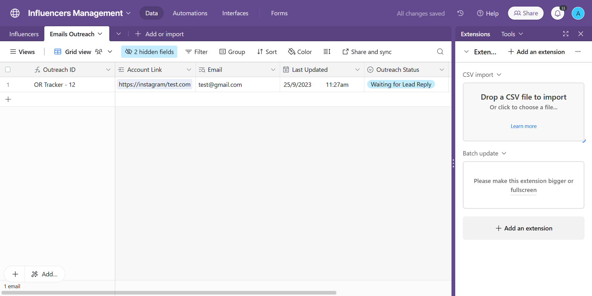 Step #15: Drop here your CSV. We will import CSVs only from here, as with this extension we will be able to automatically merge duplicate rows if needed.From here, this is a simple CSV import. we will map the fields that are in the CSV, and edit the rest right afterwards.Usually, when it's feedspot leads, we will map - Account link- Influencer name- Social media handle- Followers- EmailUsually, when it's hypeauditor leads, we will map - Account link- Influencer name- Social media handle- Followers- engegment rate