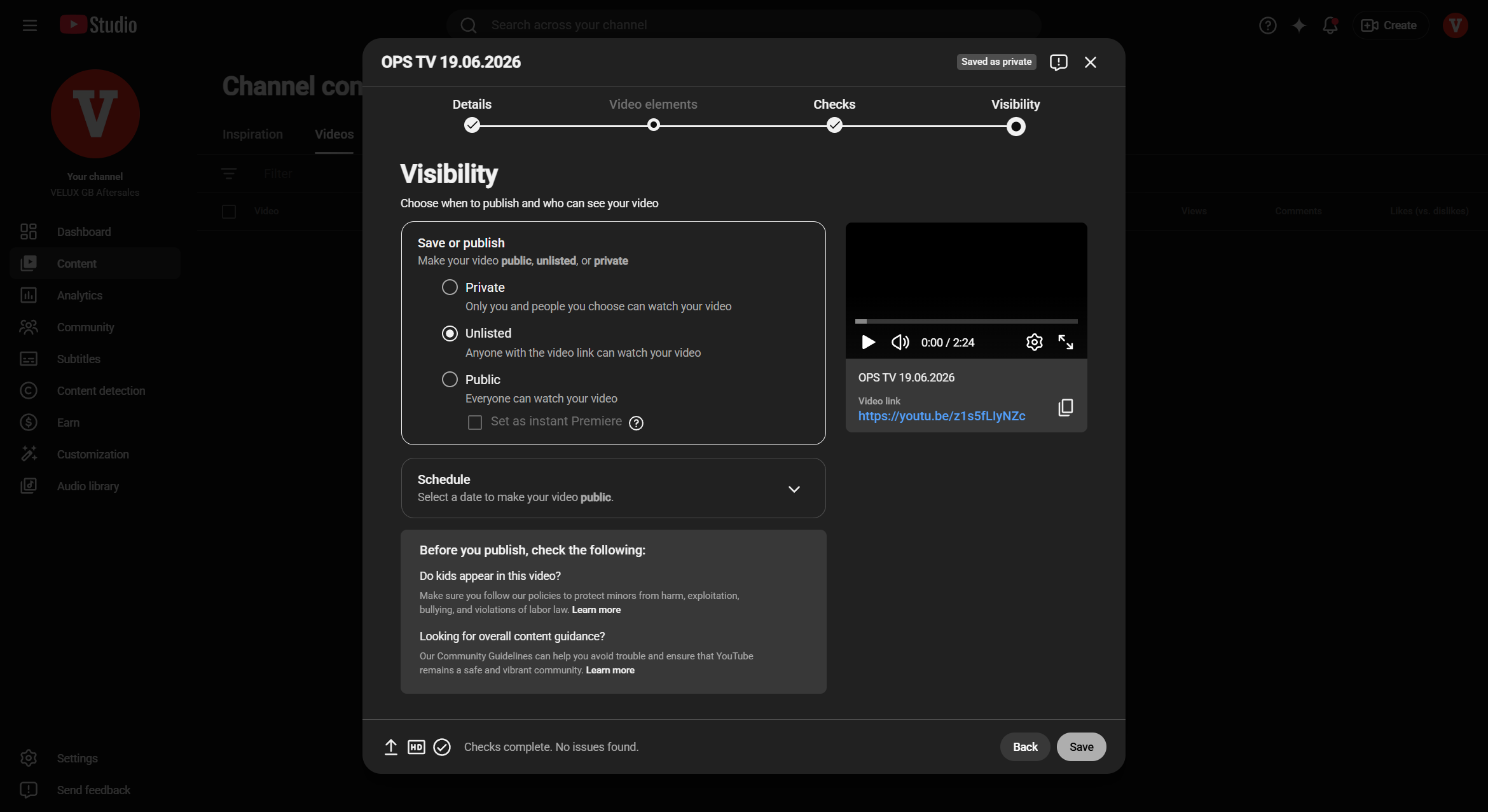 Step #11: Click Save to finalize your settings and publish the video.