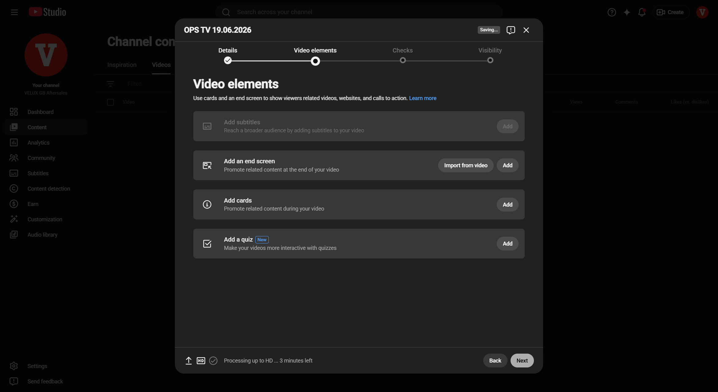 Step #8: Click Add next to "Add an end screen" if you want to promote related content at the end of your video, then click Next.