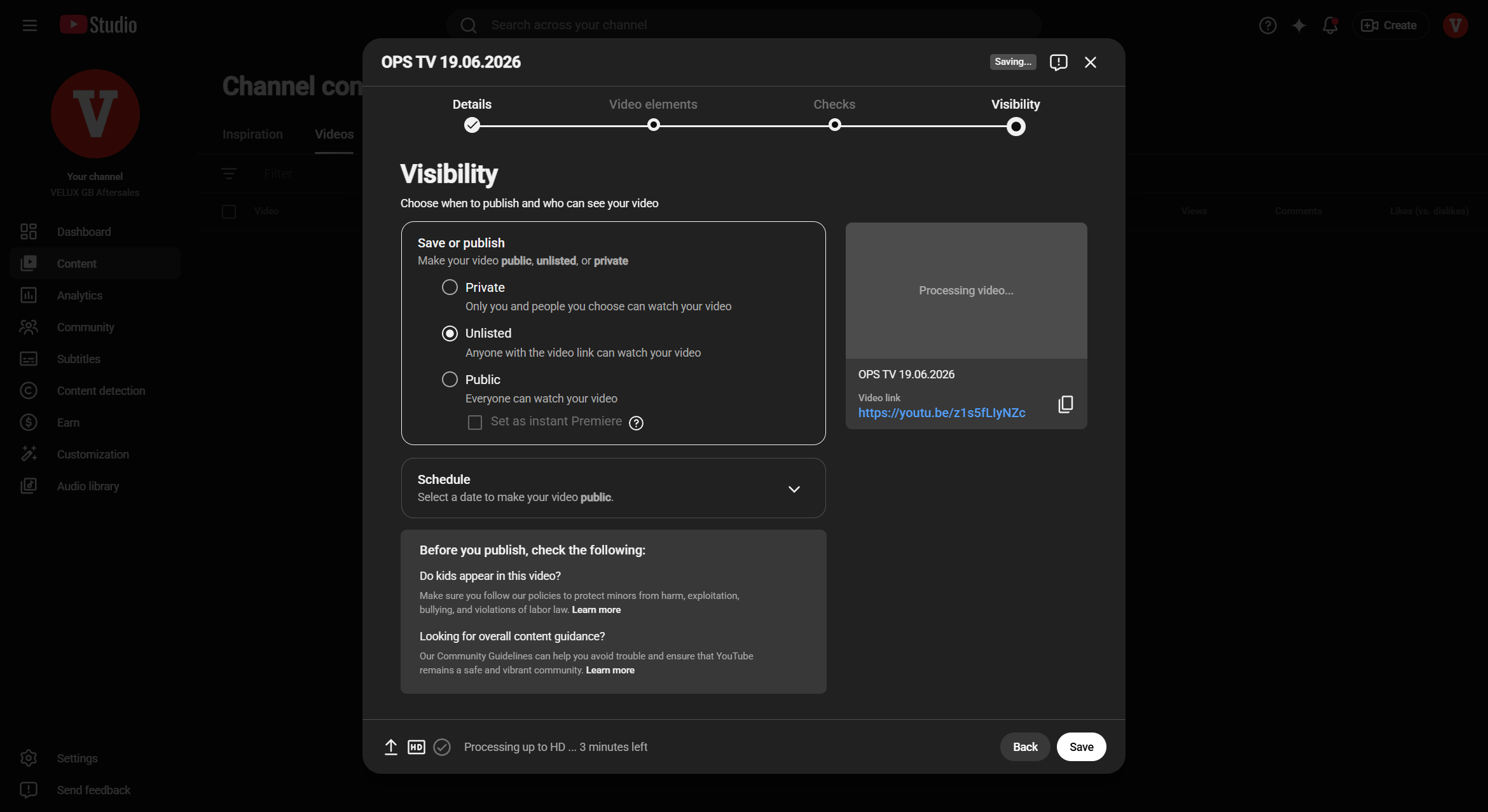 Step #10: In the Visibility tab, select Unlisted (or your preferred visibility setting).