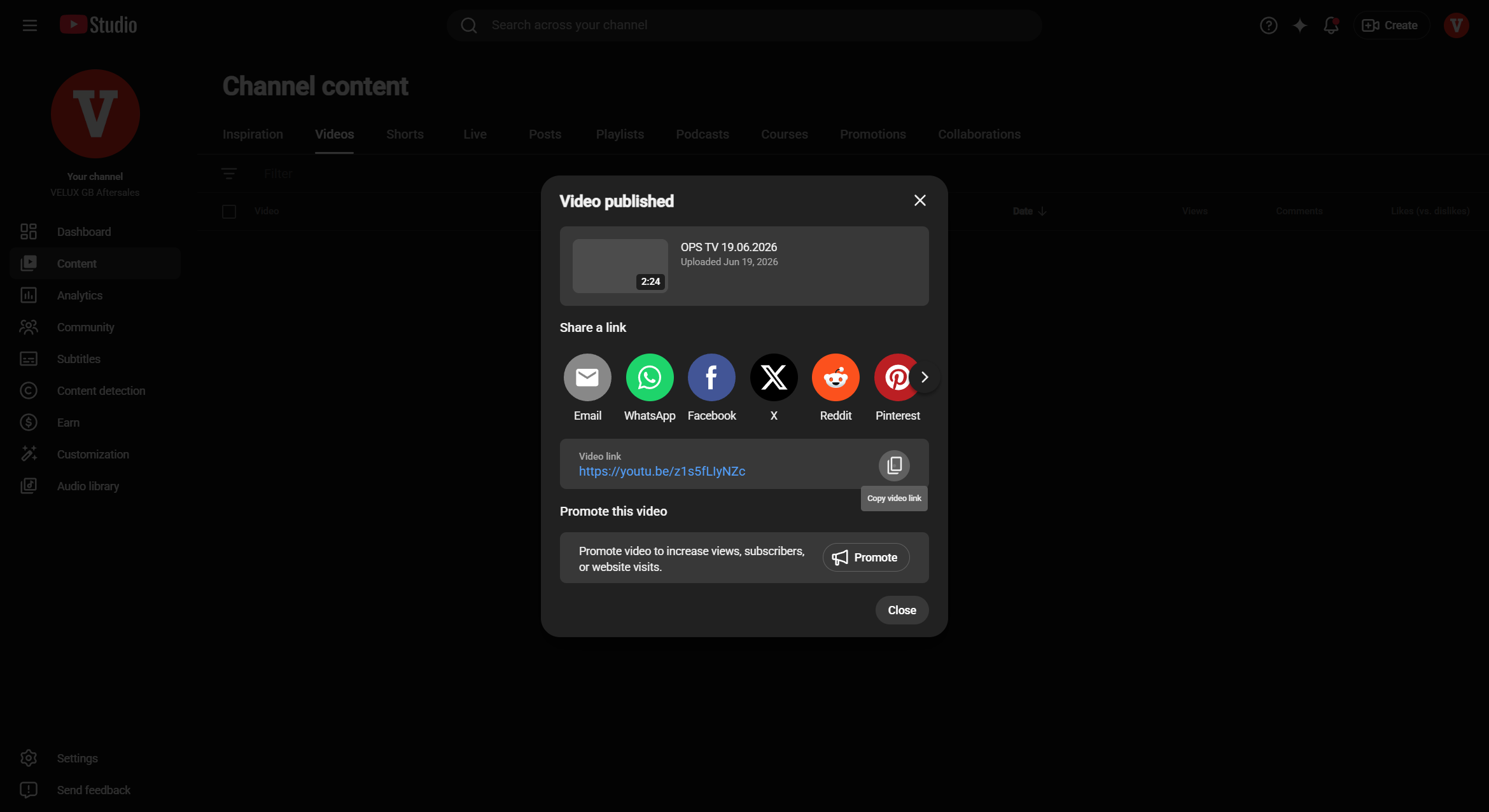 Step #12: Once the confirmation modal appears, you can optionally copy the video link again before closing the window.