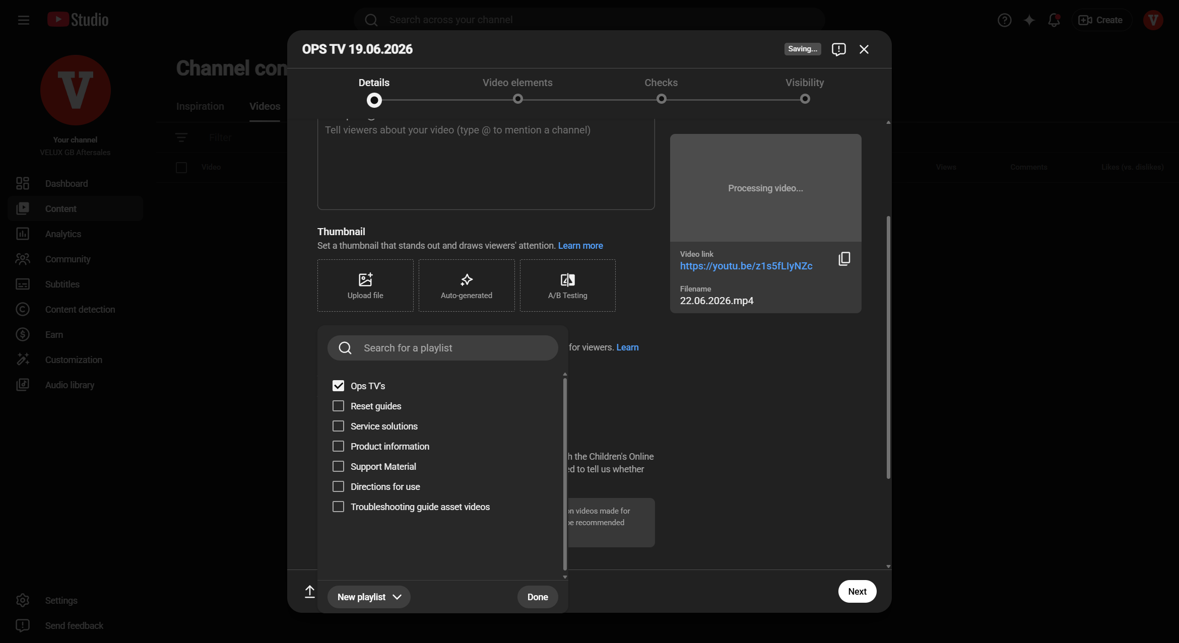 Step #6: Check the box for the appropriate playlist (e.g., "Ops TV's") and click Done.