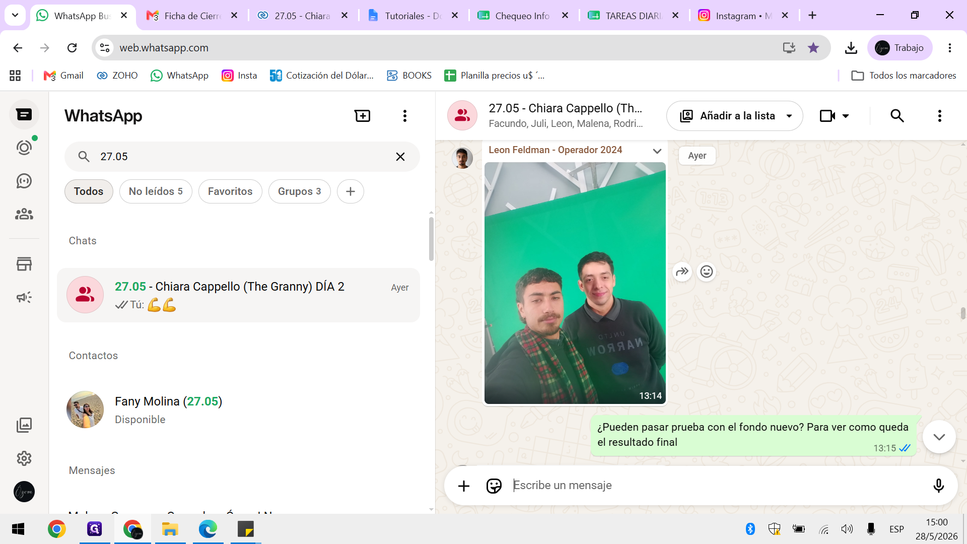 Step #11: En el grupo de WhatsApp del evento, localiza y descarga la foto donde aparecen los operadores prestando el servicio.