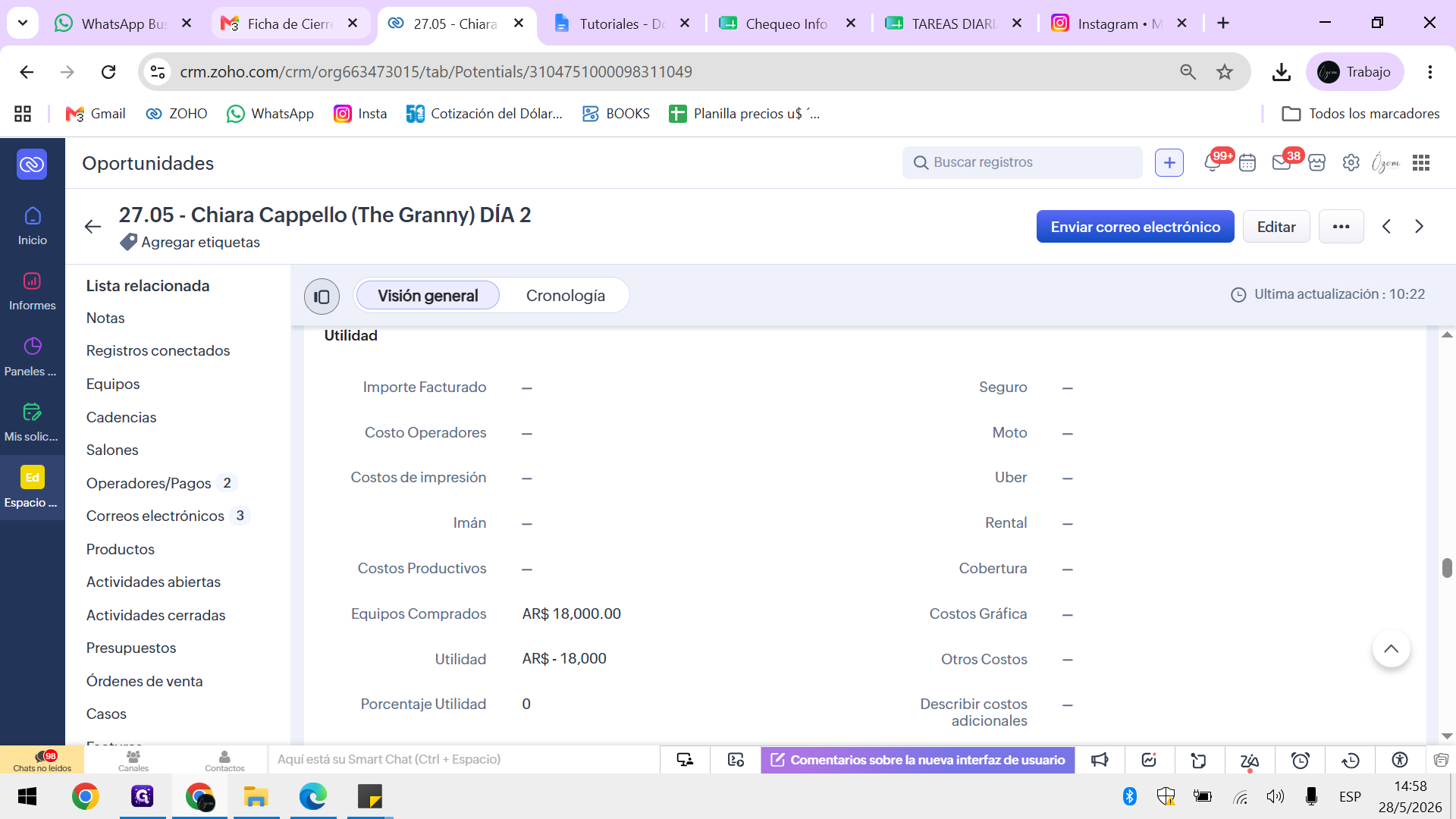 Step #9: Vuelve a la oportunidad en Zoho CRM y dirígete a la sección de Utilidad.