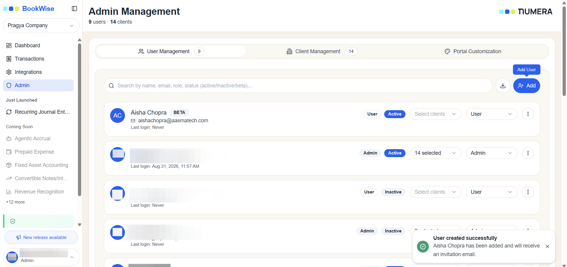 Step #8: The user is created and will appear on the user management screen.