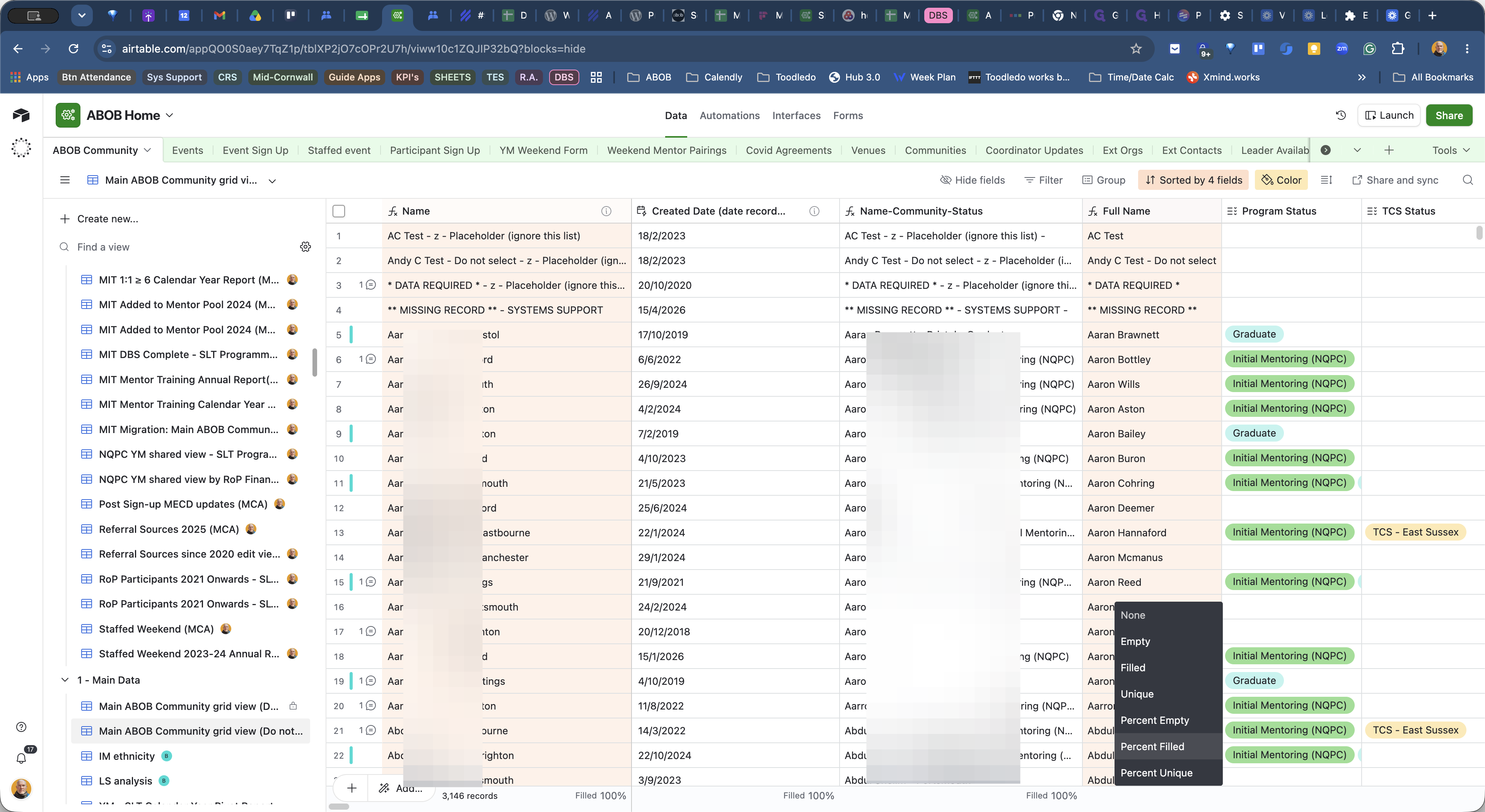 Step #3: Scroll to the summary bar at the bottom of the Airtable grid, click the summary dropdown for your column, and select Percent Filled.