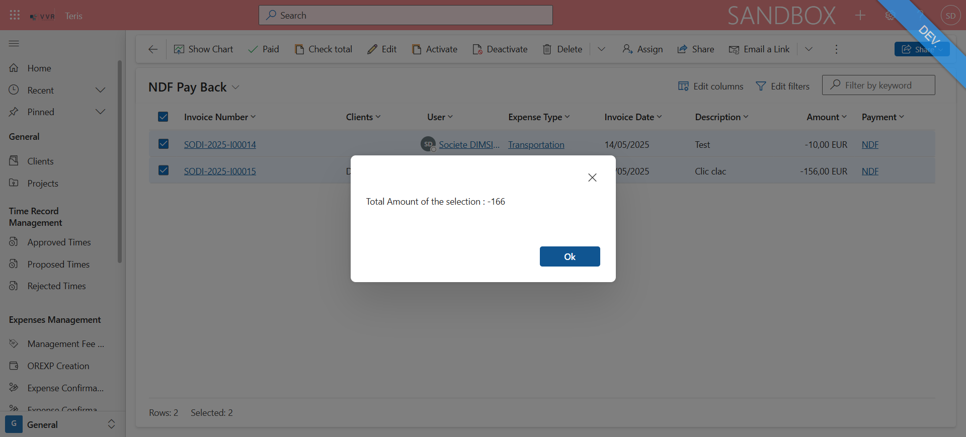 Step #5: Watch "Total Amount of the selection", here = - 166, click on "Ok" to close the window.