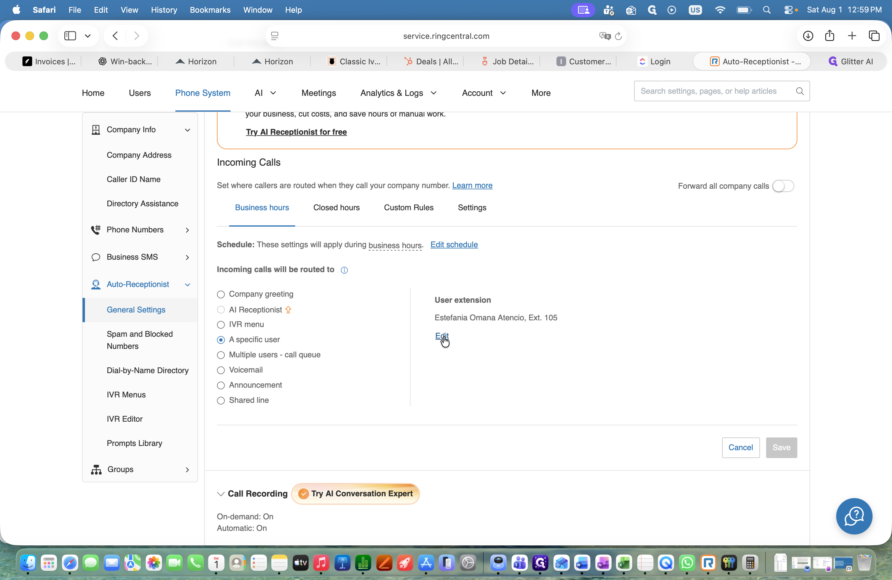 Step #20: Click Edit under the User extension setting.