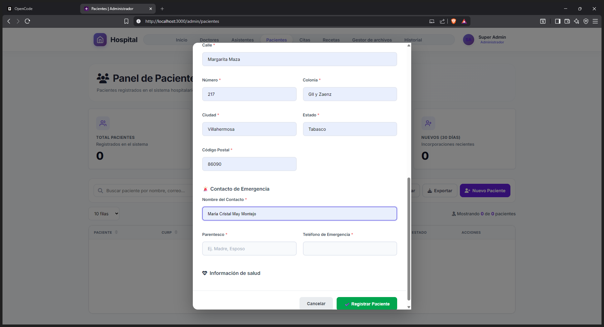Step #9: En el área designada para contacto de emergencia, introduce el Nombre del Contacto y especifica su parentesco con el paciente.