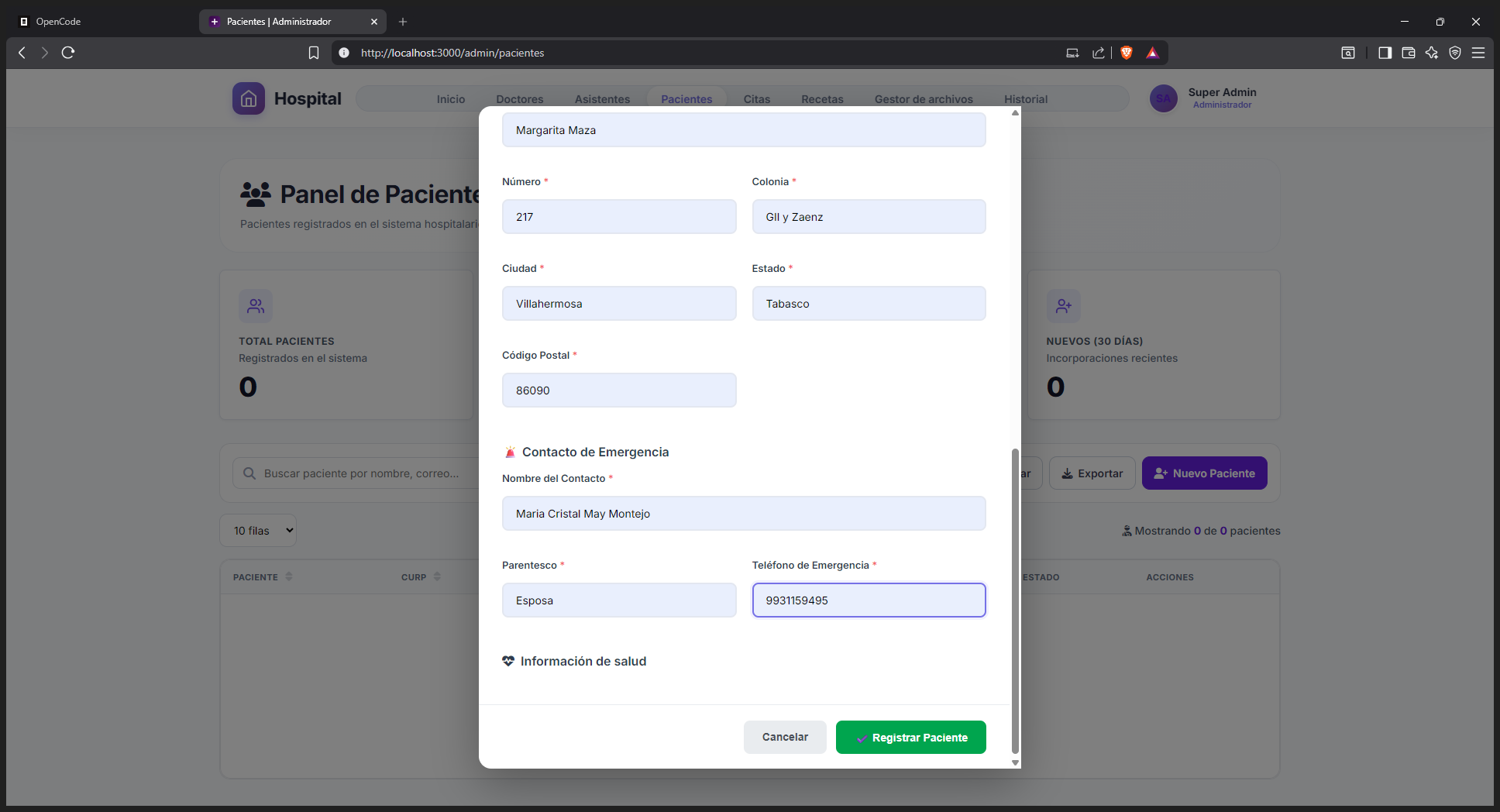 Step #10: Haz clic en la pestaña Información de salud si necesitas registrar datos como alergias, tipo de sangre, peso o estatura. Estos datos puede ser capturado por el Doctor o Paciente.
