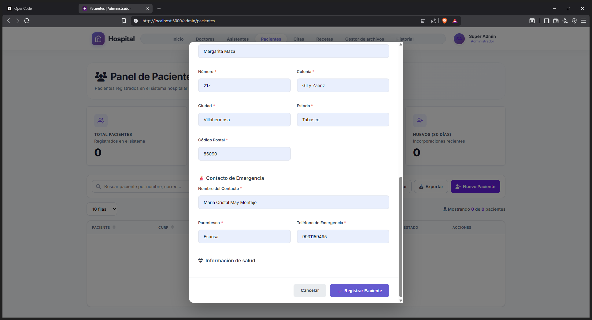 Step #11: Revisa que toda la información obligatoria esté completa y haz clic en Registrar Paciente para crear el expediente.