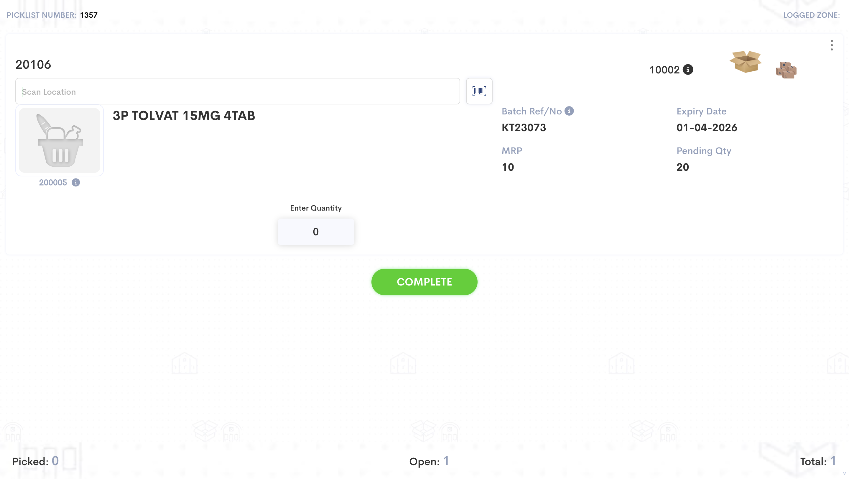 Step #3: The picker will navigate to the location of the SKUs and scan the location first. Here it is "20106".