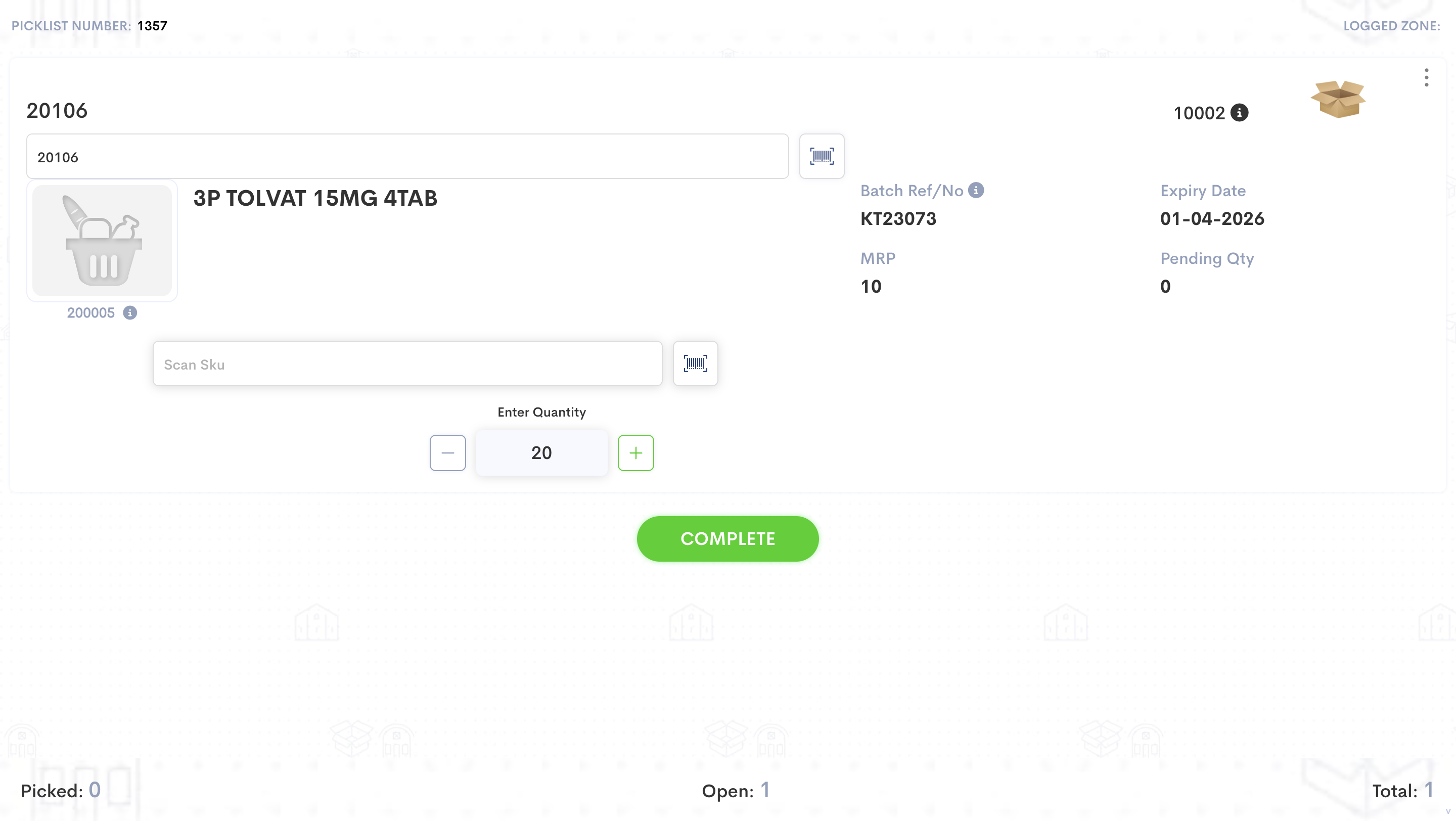 Step #6: Click on "COMPLETE" after scanning all SKUs in the picklist.