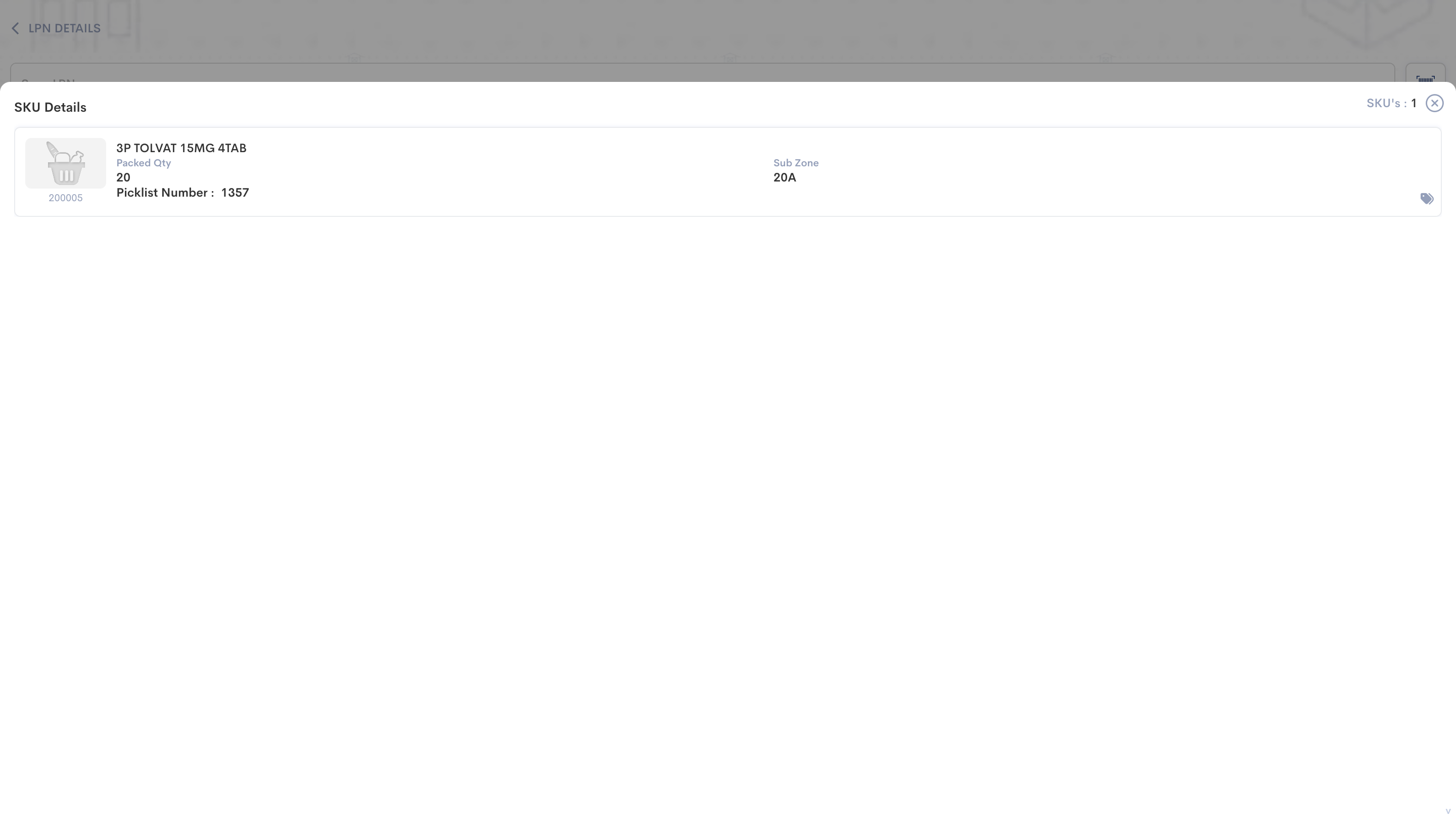 Step #10: To see the details of SKUs stored in the LPN, click "SHOW SKU DETAILS".